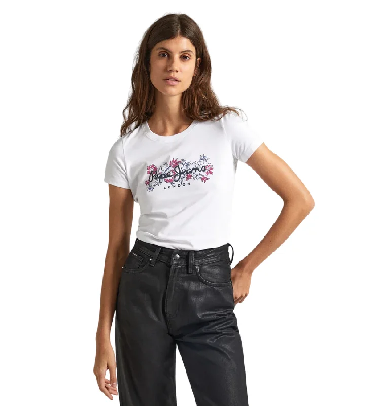 Pepe Jeans maglietta manica corta da donna con logo stampato Korina PL505834 800 bianco