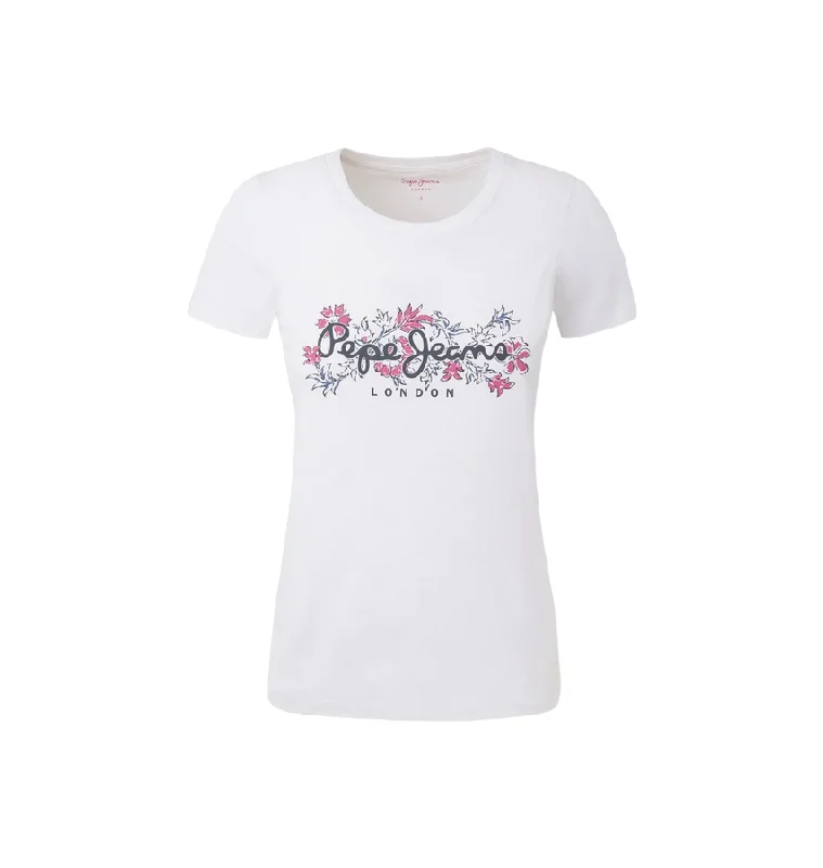 Pepe Jeans maglietta manica corta da donna con logo stampato Korina PL505834 800 bianco