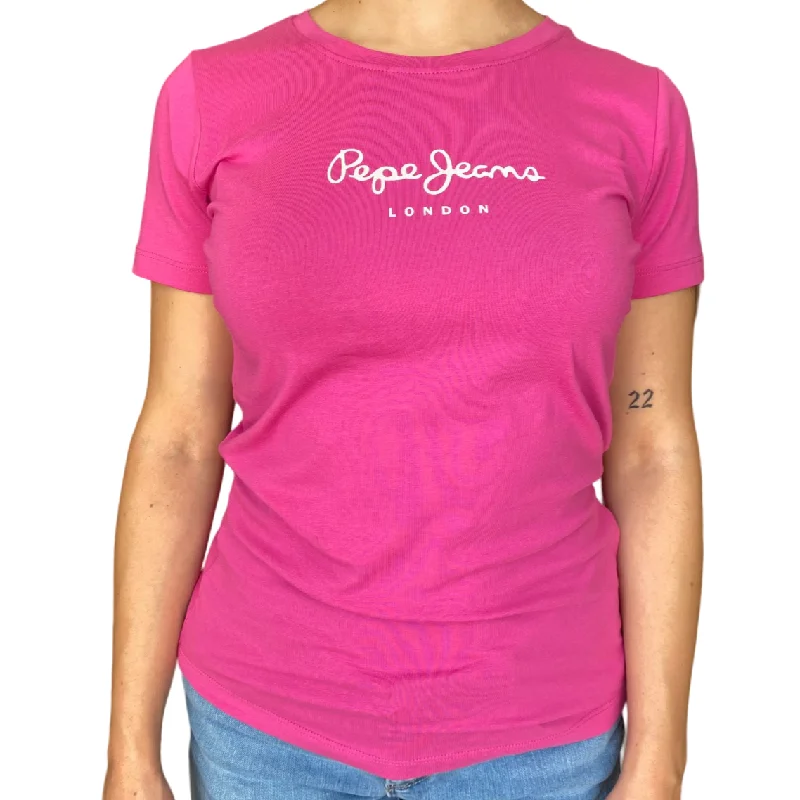 Pepe Jeans maglietta slim manica corta da donna con logo stampato New Virginia PL505202 378 rosa scuro