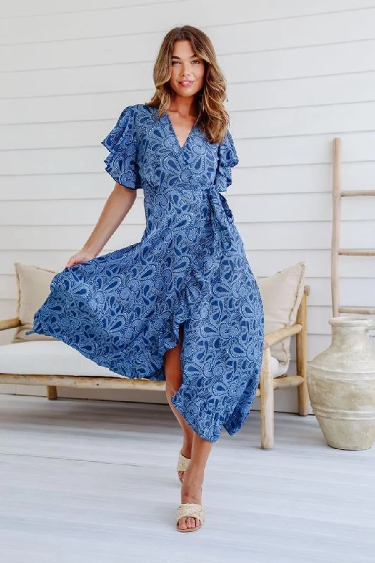 Silky Boho Ava Blue Long Wrap Boho Dress