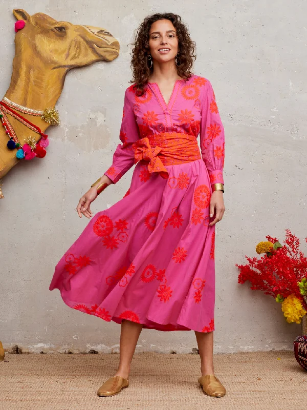 Azurite Dress Orange Flower Embroidery on Pink