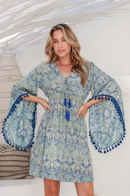 Silky Boho Blue Paisley Goddess Dress