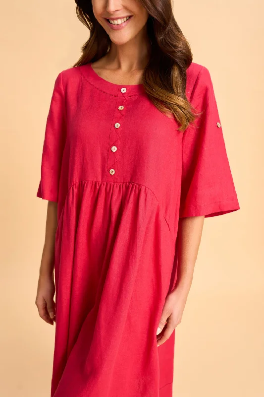 Button Detail Linen Dress - Rouge