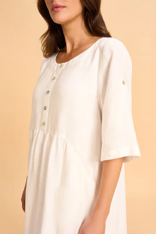 Button Detail Linen Dress - White