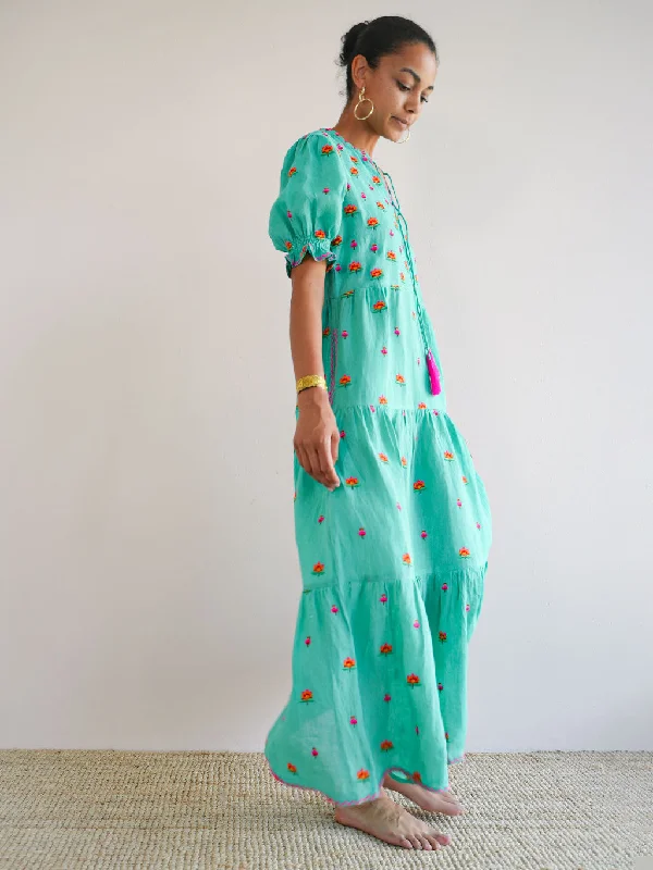 Flaming Katy Dress Lotus Embroidery Green