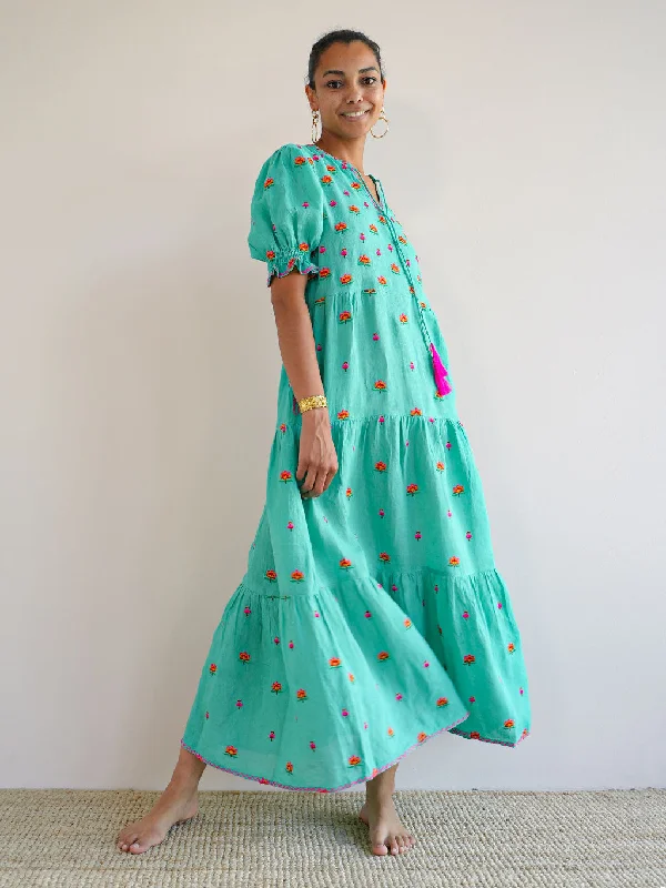 Flaming Katy Dress Lotus Embroidery Green