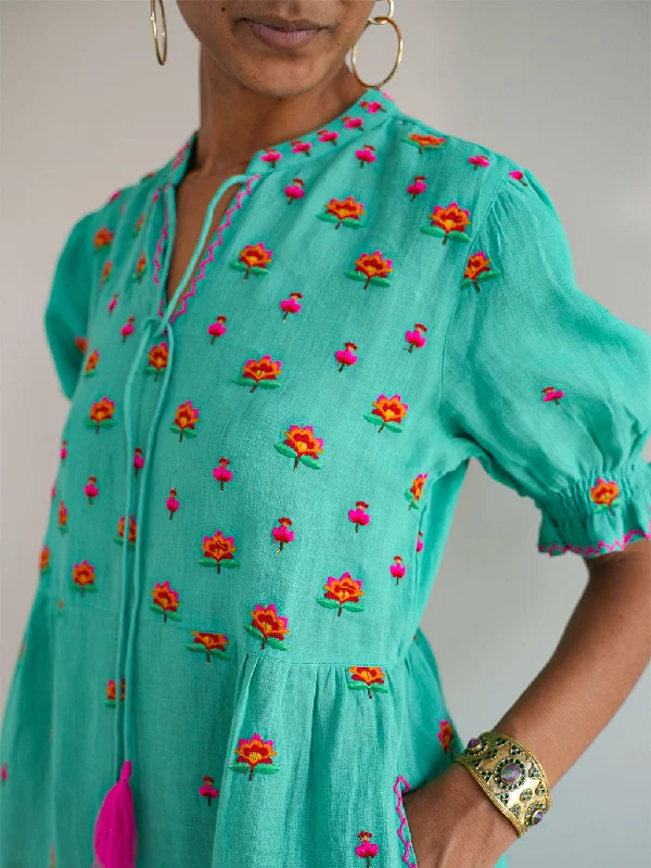 Flaming Katy Dress Lotus Embroidery Green