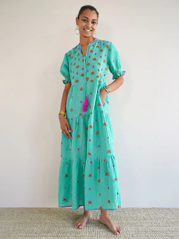 Flaming Katy Dress Lotus Embroidery Green