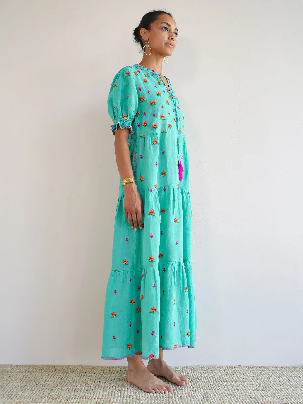 Flaming Katy Dress Lotus Embroidery Green