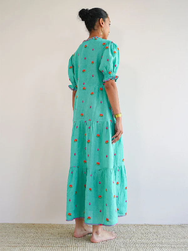 Flaming Katy Dress Lotus Embroidery Green