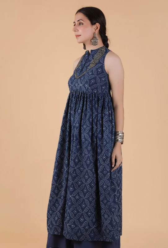 Harshita Indigo Jaal Print Bandhgala Front Gathered Kurta Dress