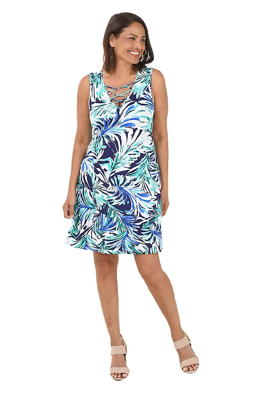 Palm Frond Lattice Neck Sleeveless Dress