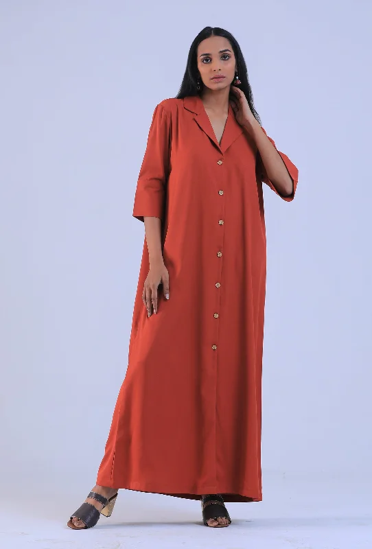 Women Orange Cotton Shirt Collar Straight Fit Dresses