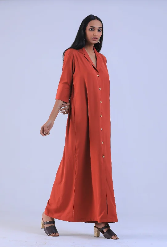 Women Orange Cotton Shirt Collar Straight Fit Dresses