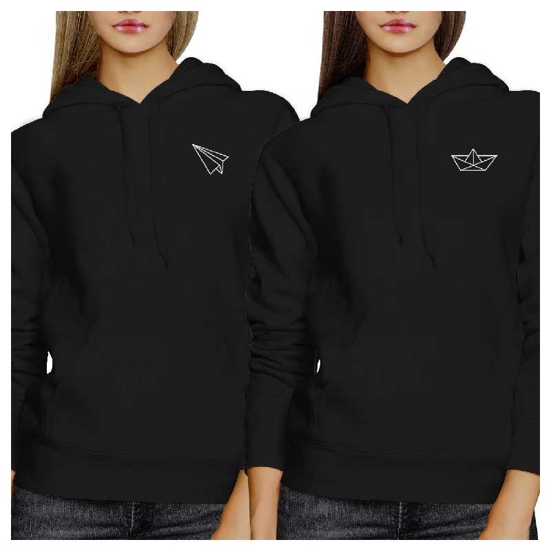 Origami Plane And Boat BFF Matching Black Hoodies