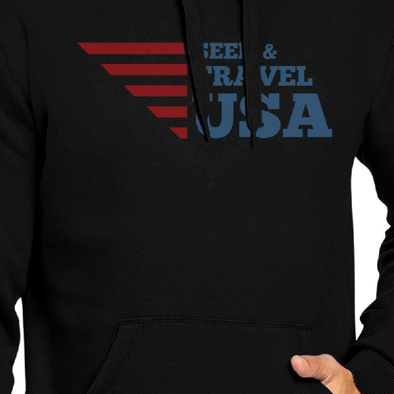 Seek & Travel USA Unisex Graphic Hoodie Black Round Neck Fleece Top