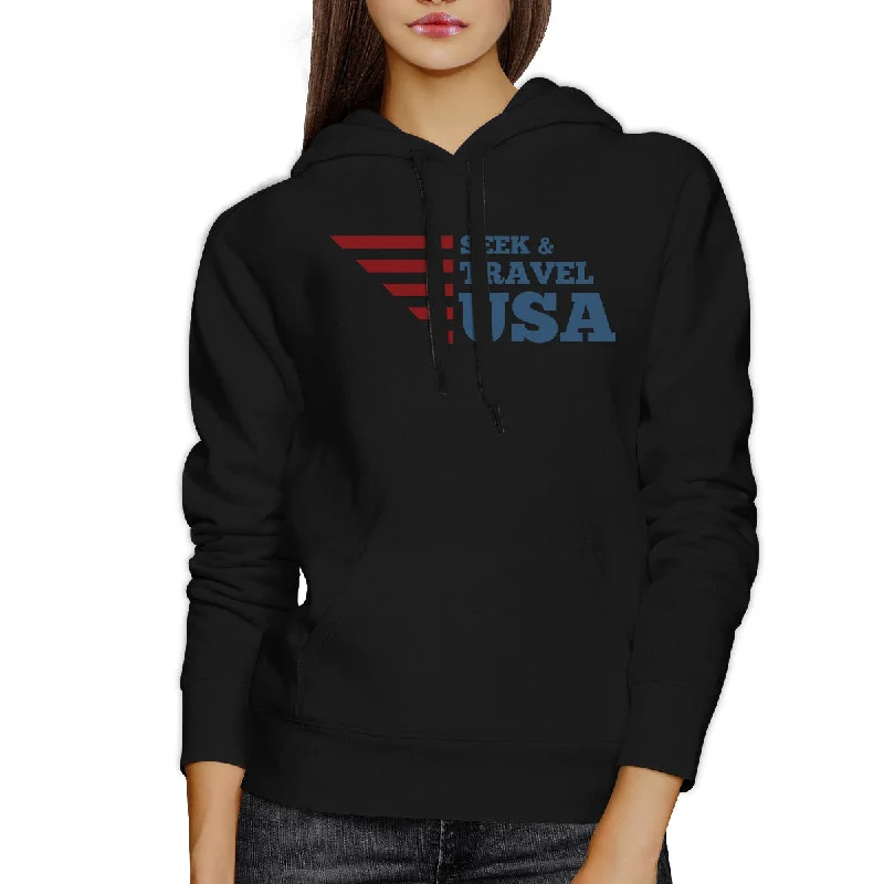 Seek & Travel USA Unisex Graphic Hoodie Black Round Neck Fleece Top