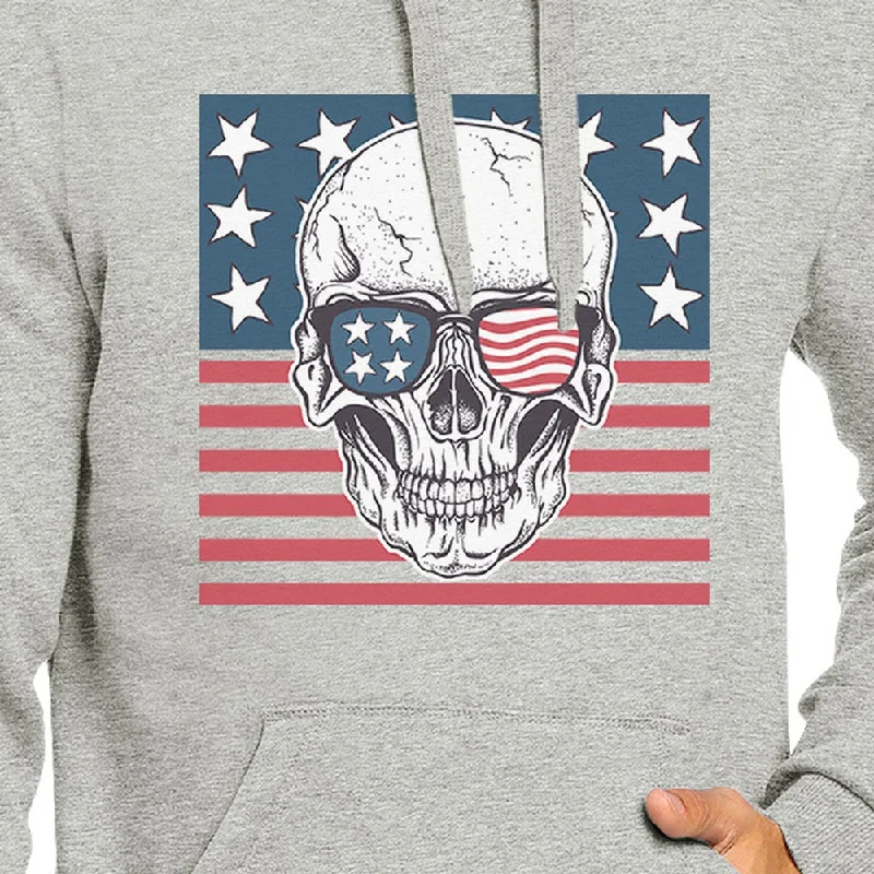 Skull American Flag Unisex Grey Hoodie Round Neck Pullover Fleece