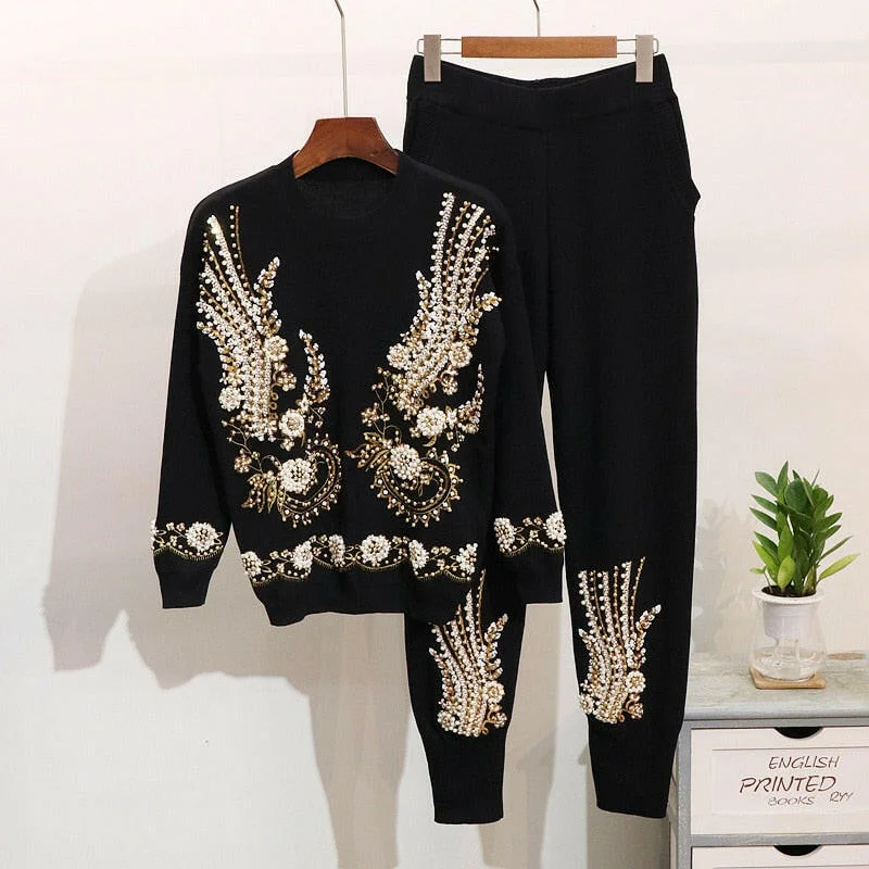 Grozavu Beaded Sweater & Casual Pants Set