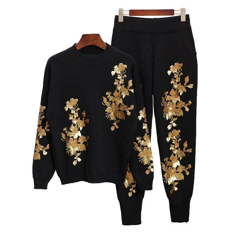 Grozavu Sequins Flower Sweater & Trousers Set