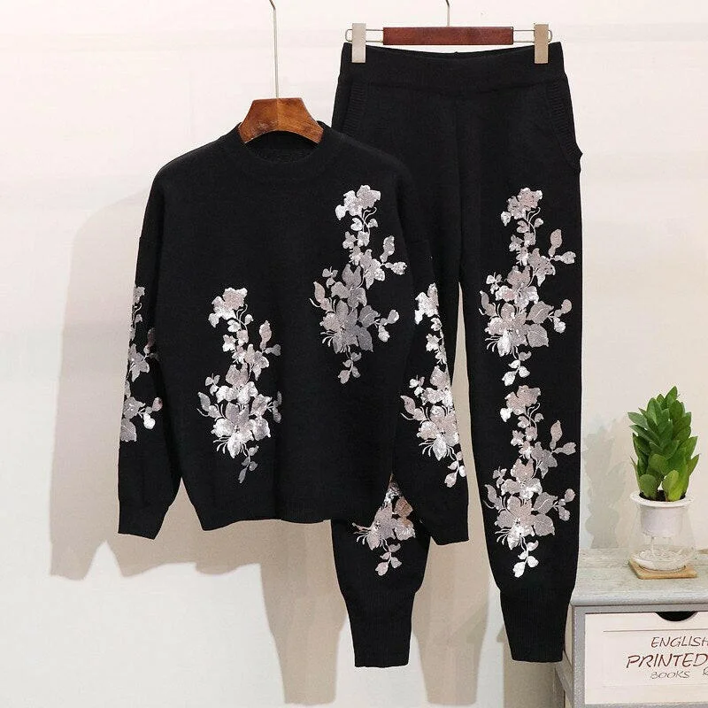 Grozavu Sequins Flower Sweater & Trousers Set