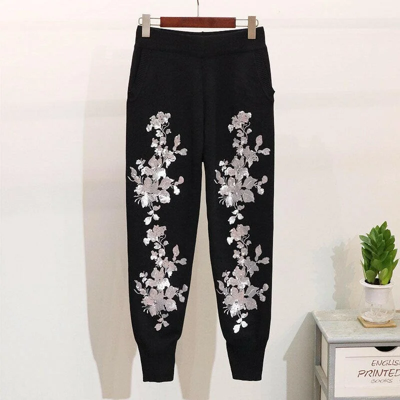 Grozavu Sequins Flower Sweater & Trousers Set