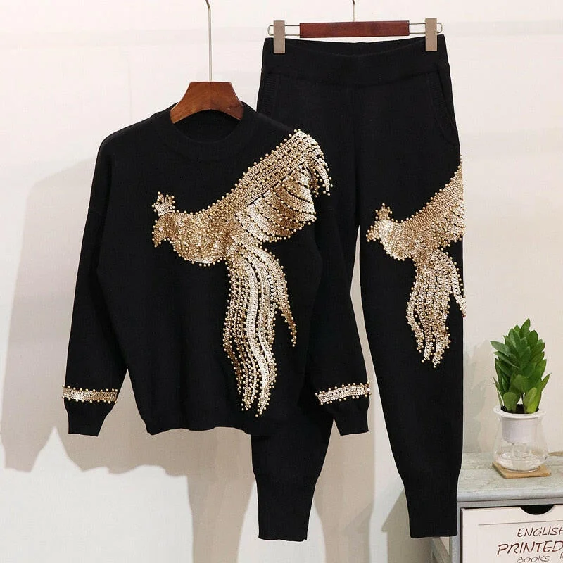 Grozavu Sequins Phoenix Sweater & Pants Set