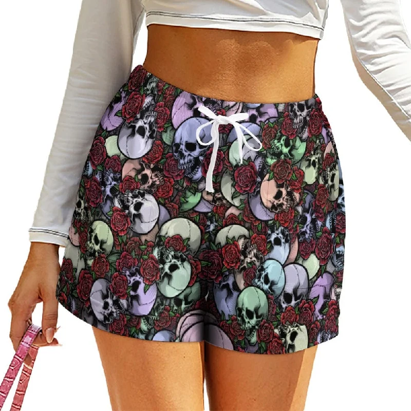 Women's Skuls and Roses High Waist Loose Elastic Waist Shorts