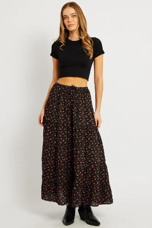 Black Ditsy Maxi Skirt Tiered High Rise