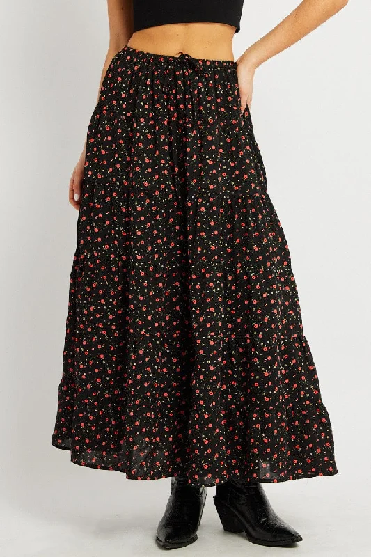 Black Ditsy Maxi Skirt Tiered High Rise