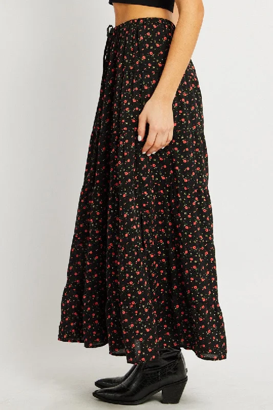 Black Ditsy Maxi Skirt Tiered High Rise