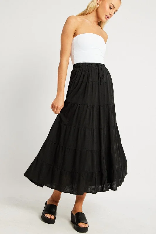 Black Maxi Skirt Tiered High Rise Linen Blend