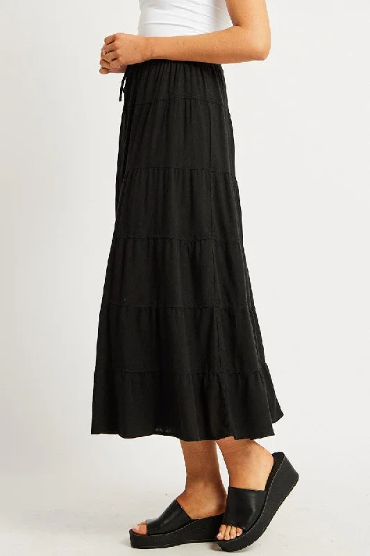 Black Maxi Skirt Tiered High Rise Linen Blend