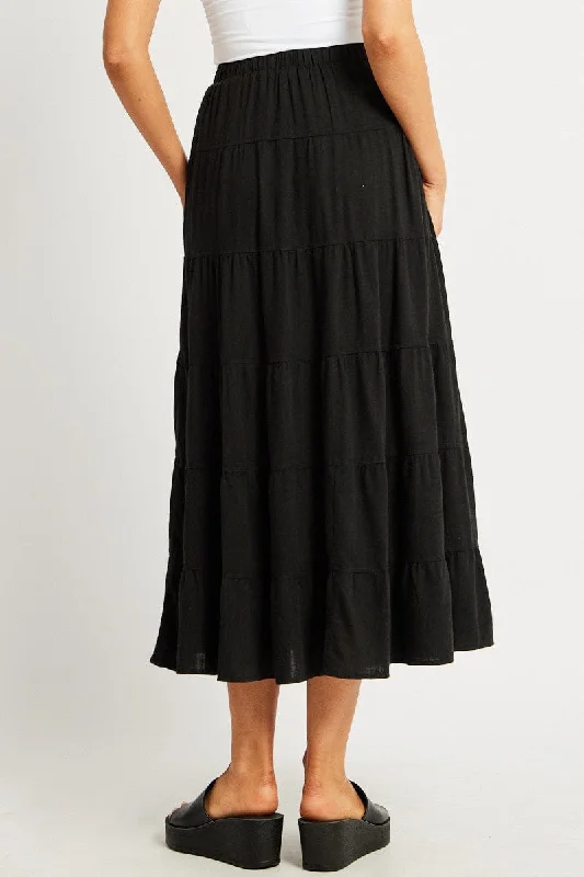 Black Maxi Skirt Tiered High Rise Linen Blend