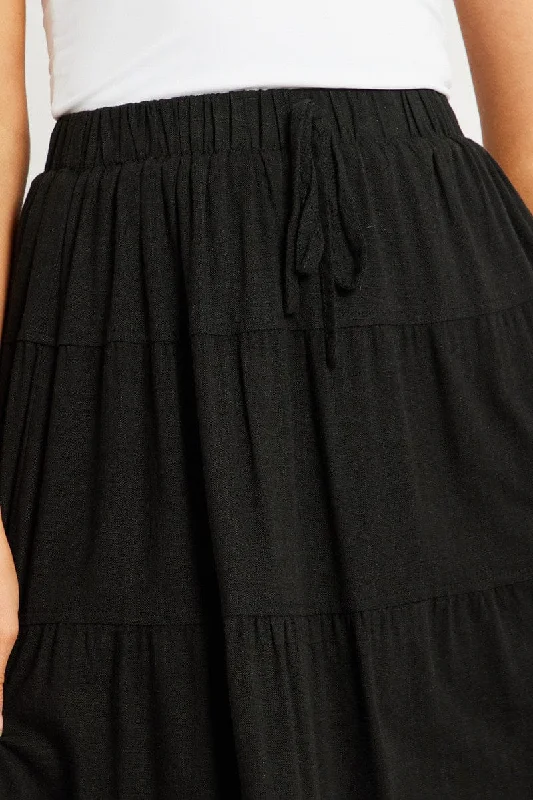 Black Maxi Skirt Tiered High Rise Linen Blend