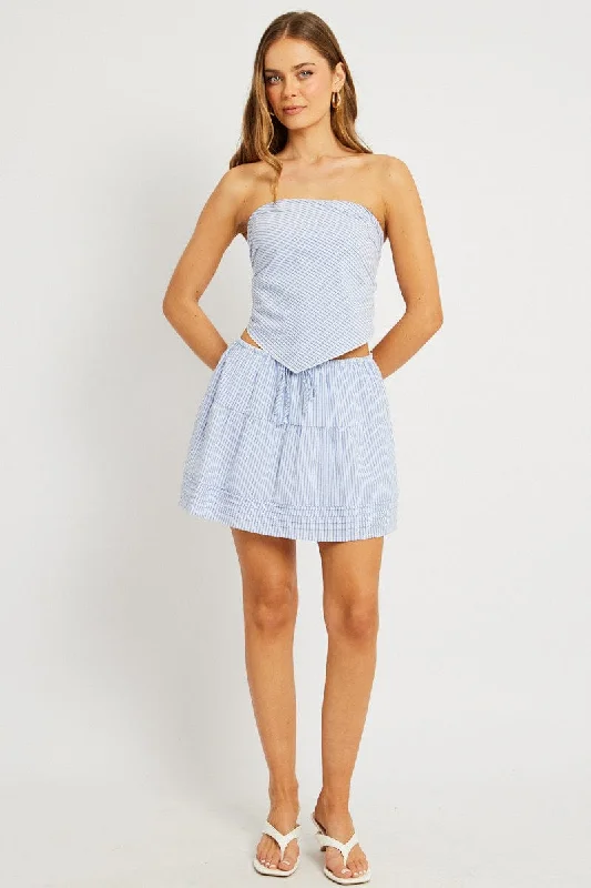 Blue Stripe Skater Skirt High Rise Tiered Mini