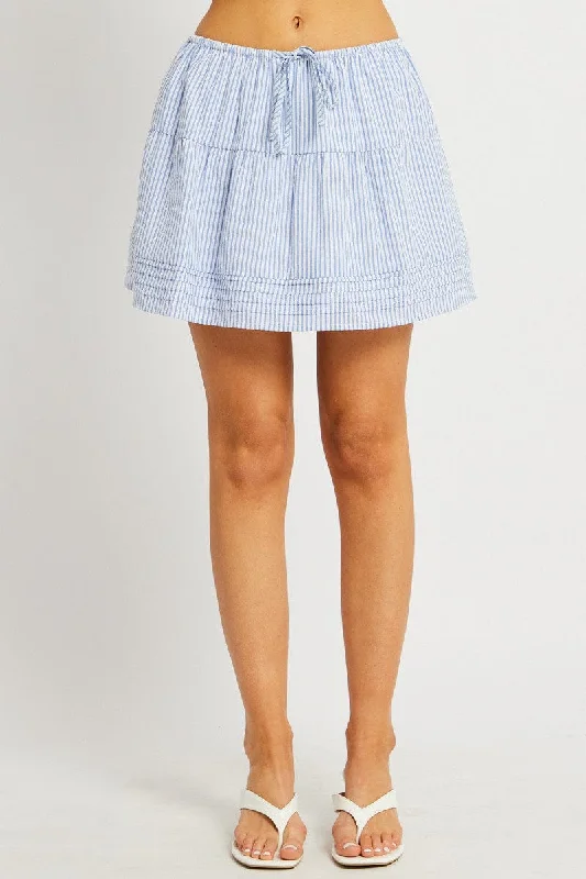 Blue Stripe Skater Skirt High Rise Tiered Mini