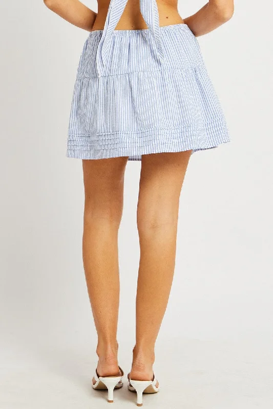 Blue Stripe Skater Skirt High Rise Tiered Mini