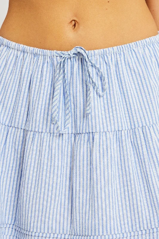 Blue Stripe Skater Skirt High Rise Tiered Mini