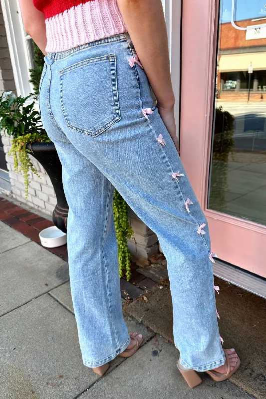 Denim Jeans with Bow Trim Side Detail