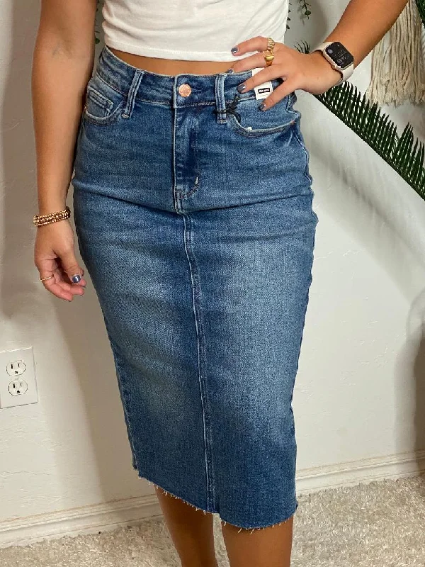 Judy Blue Mid Length Denim Skirt with Slit in Back