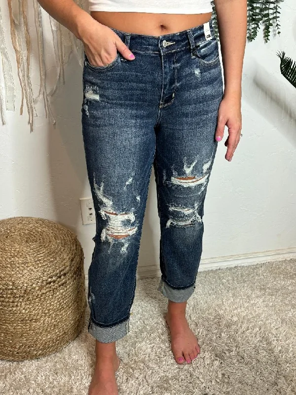 Judy Blue Mid Rise Cuffed Destroyed Boyfriend Jeans