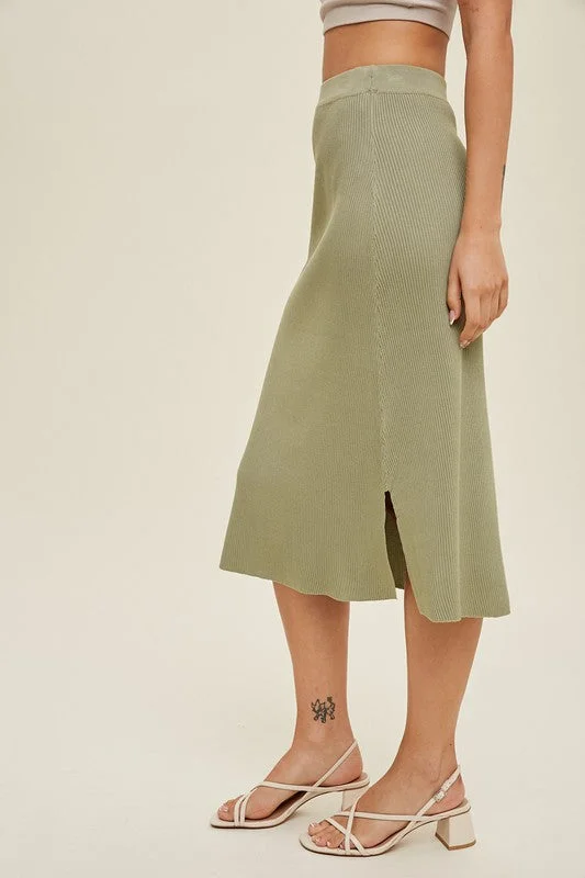 Ribbed Sweater Midi Skirt - Green Tea