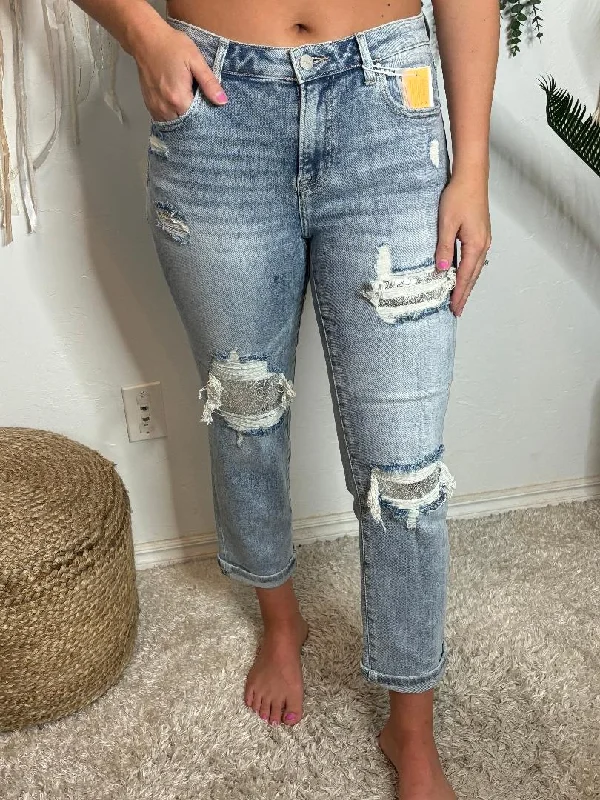 Risen Mid Rise Silver Sequin Patch Distressed Jeans Regular & Curvy