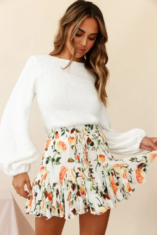 Robyn Flounce Mini Skirt Rose Print White/Orange