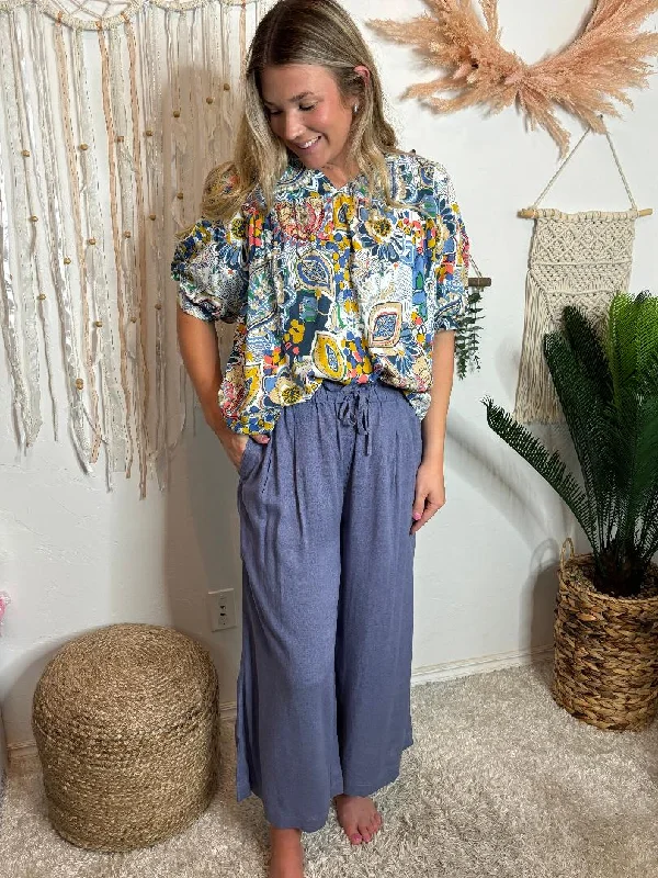 Slate Blue Crop Wide Leg Pants