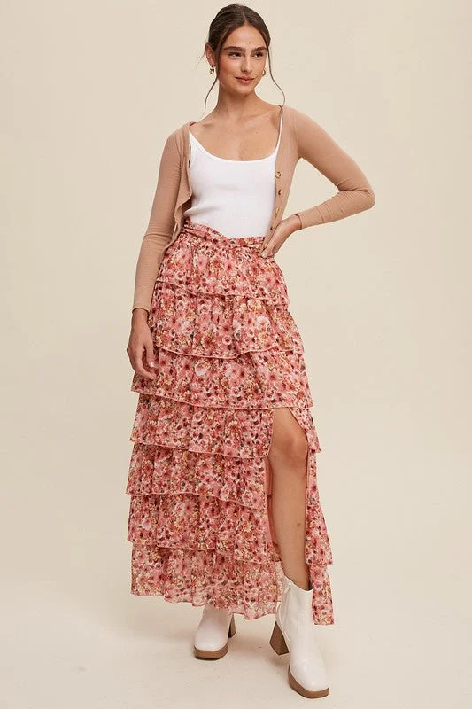 Tiered Ruffle Maxi Skirt - Pink